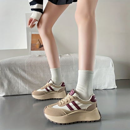 1 Pair Women'S Fashion Chunky Sneakers 2024, Striped Low Top Lace-Up Sports Shoes, All-Season Lightweight Casual Athletic Footwear with Plain Toe, Fabric Upper & Inner, PVC Sole, No-Print Design