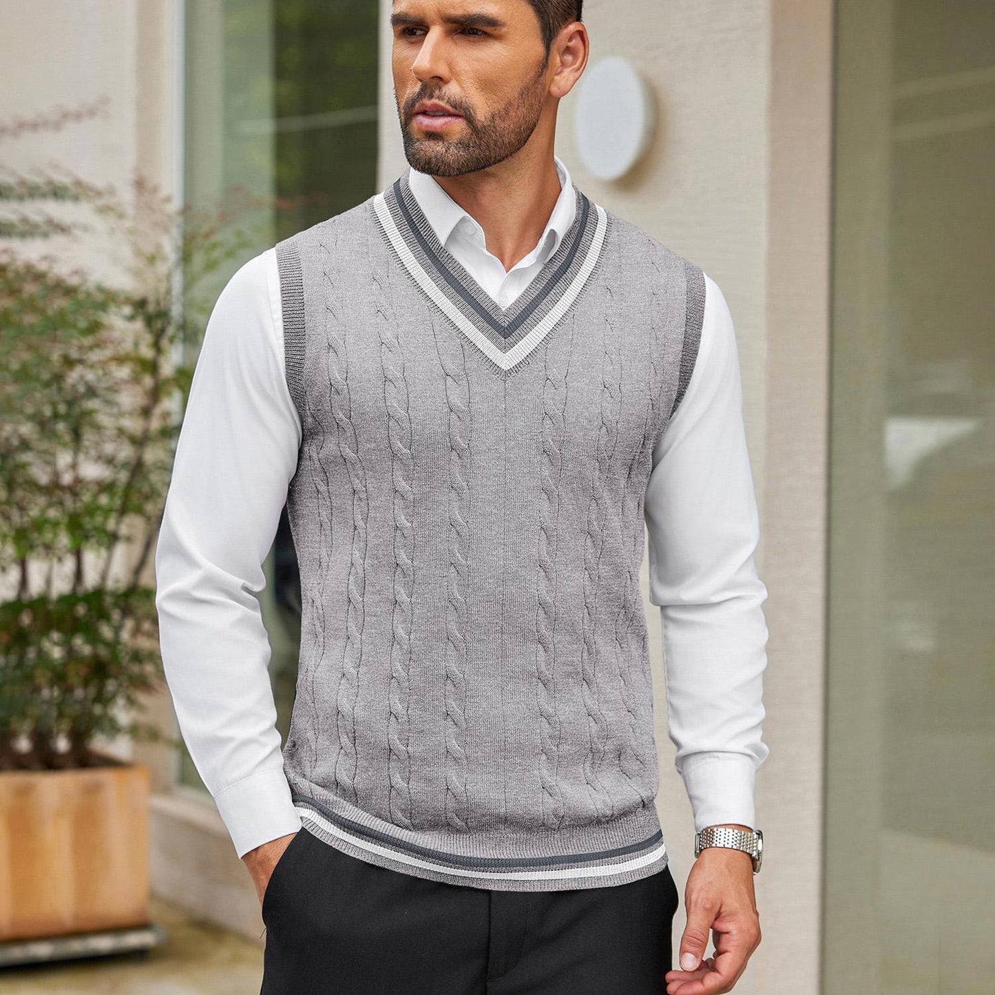 Men's Casual V-Neck Sweater Vest - Striped Cable Knit, Sleeveless Pullover for Spring/Fall