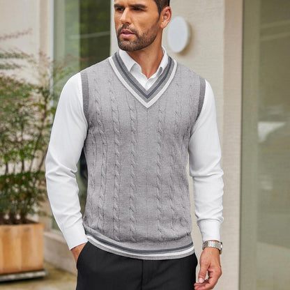 Men's Casual V-Neck Sweater Vest - Striped Cable Knit, Sleeveless Pullover for Spring/Fall