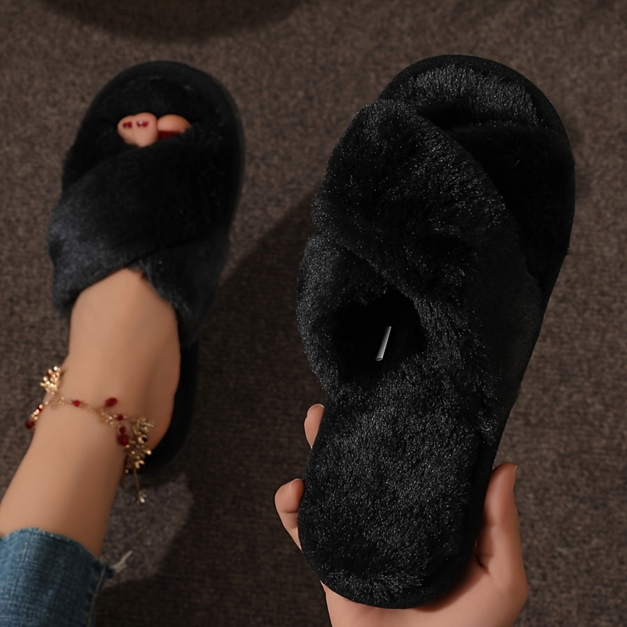 Cozy Crisscross Band Plush Indoor Slippers, Soft Sole Fuzzy Shoes, Non Slip Home Floor Slippers with Leopard Print