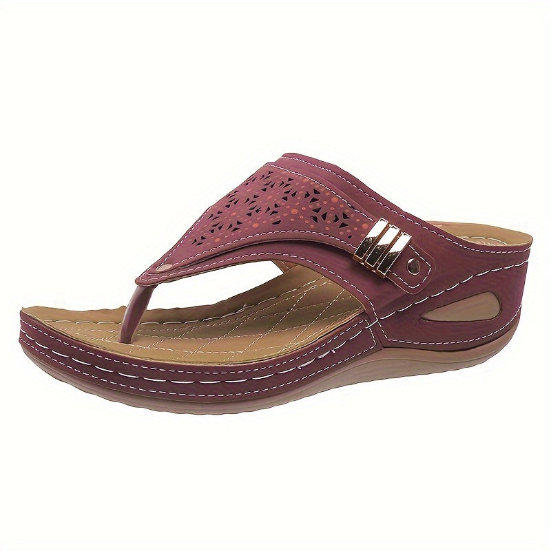 Women's Solid Color Thong Sandals, Slip On Soft Sole Platform Casual Flip Flops, Buckle Belt Versatile Wedge Slides, Summer Beach Slippers