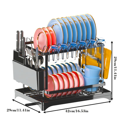 Dish Rack, 2 Tier Utensil Holder, Rustproof Kitchen Dish Drying Rack With Drainboard And Utensil Holder For Kitchen Countertop, Kitchen Accessories
