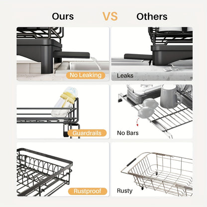 Expandable 2-in-1 Dish Drying Rack - Space-Saving, Rust-Resistant Metal Dish Drainer With Pan Slots, Utensil Holder, And Drainboard For Kitchen Counter And Sink Organization