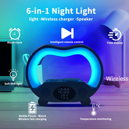 6 In 1 Wireless Charging Night Light, Wireless Speaker, 15W Wireless Charging Atmosphere Light, Home, Bedroom, Gift