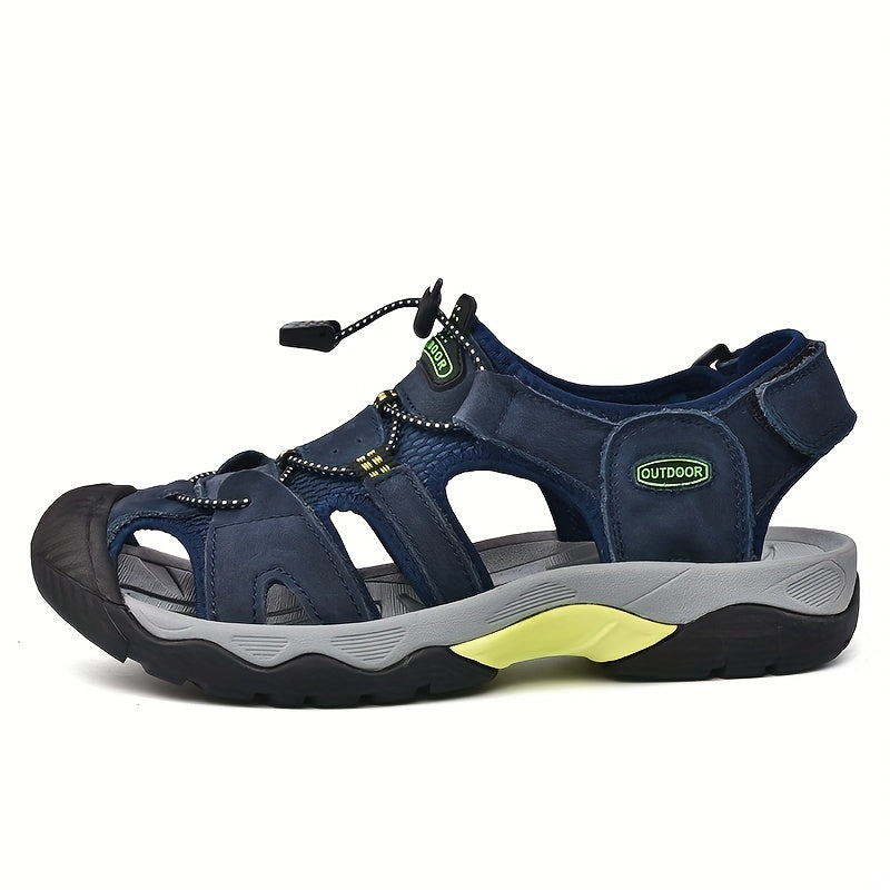 Men's Genuine Leather Non-Slip Sandals - Lightweight Quick-Dry Beach Shoes with Adjustable Straps, Breathable Rubber Sole & Comfortable Round Toe for Summer Casual Wear