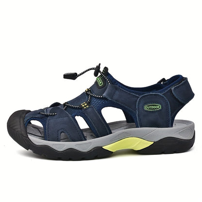 Men's Genuine Leather Non-Slip Sandals - Lightweight Quick-Dry Beach Shoes with Adjustable Straps, Breathable Rubber Sole & Comfortable Round Toe for Summer Casual Wear