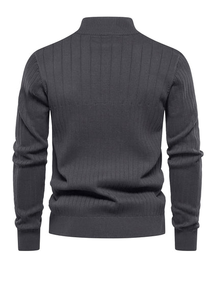 Men's Navy Blue Half-Zip Stand Collar Sweatshirt - Stretch Blend, Ribbed Texture, Long Sleeve - Ideal for Fishing & Walking in Fall/Winter