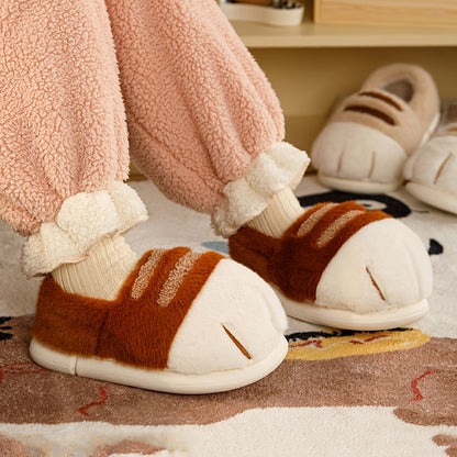 Winter Cartoon Cat Paw Style Women's Slippers for Home Warmth Men's Plush Flat Shoes