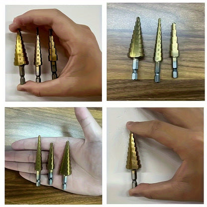 3pcs Titanium-Coated High-Speed Steel Step Drill Bit Set for Wood & Metal - Durable, Multi-Functional & Efficient