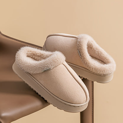Cozy Plush Winter Slippers - Elegant Black with Cream Fur Trim, Thick Cushioned EVA Sole, Non-Slip, Hand Washable Indoor Shoes, Indoor Slippers