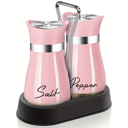 Pink Salt And Pepper Shakers Set With Holder, 4 Oz Kitchen Decor And Accessories Home Essentials Cute Household Items For Mother's Day Housewarming Gift Refillable Design (Pink)