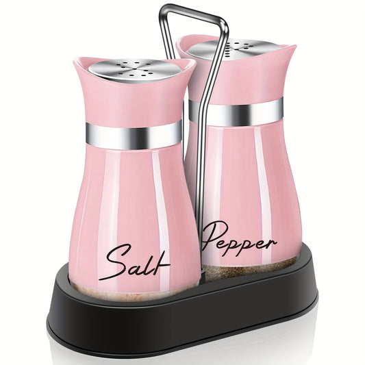 Pink Salt And Pepper Shakers Set With Holder, 4 Oz Kitchen Decor And Accessories Home Essentials Cute Household Items For Mother's Day Housewarming Gift Refillable Design (Pink)