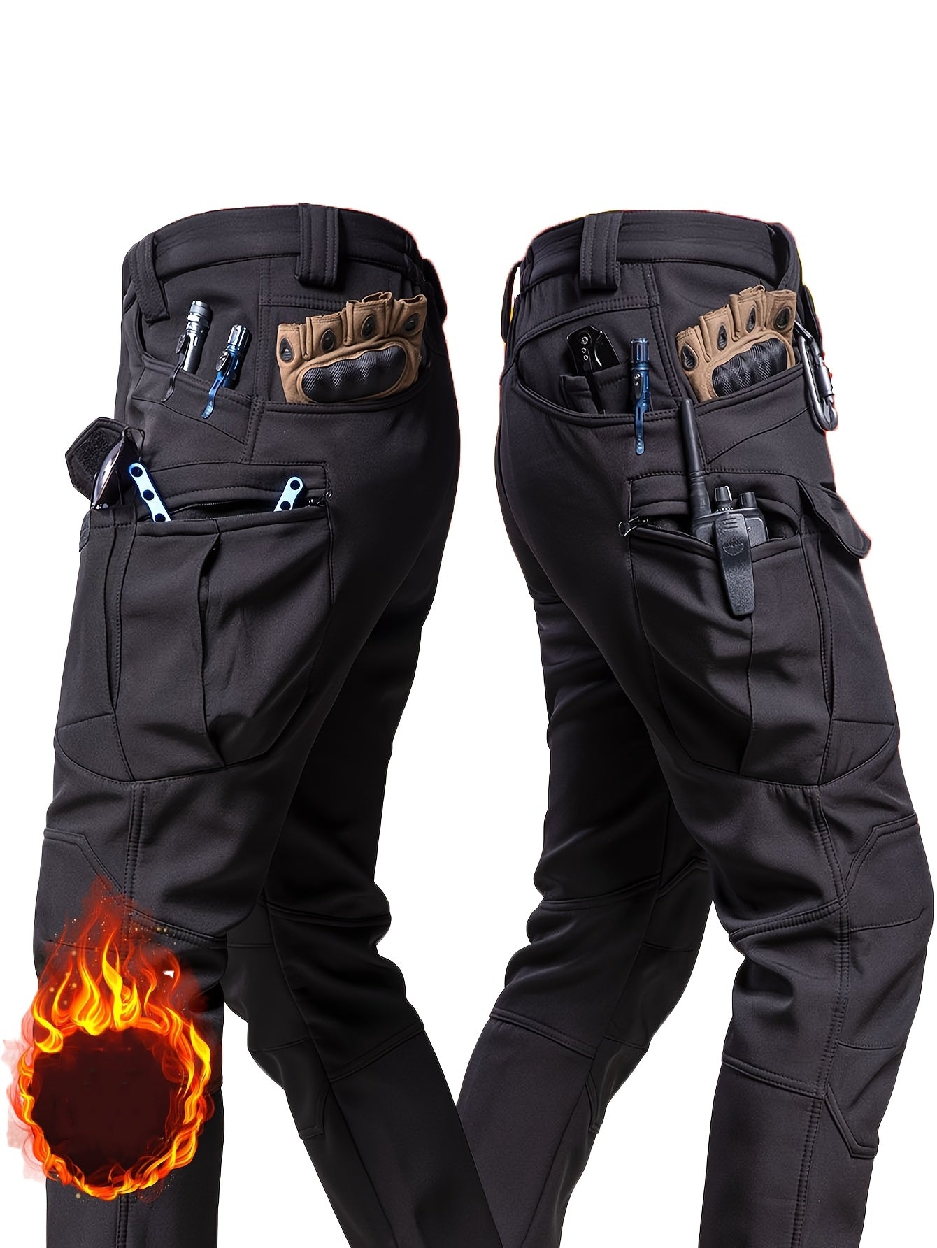 Men'S Outdoor Military Tactical Pants, Soft Shell Fleece Lined, Waterproof Windproof Warm Work Pants, Autumn/Winter Season, Polyester 90.70%, Spandex 9.30%, Solid Color, Sports Style, Regular Fit, Mid Waist, Woven Fabric, 320