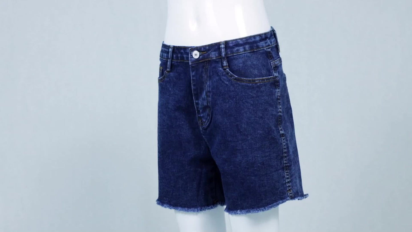 [Summer Wardrobe] Women's High-Waist Black Denim Shorts with Fringe Detail - Stylish Slimming Summer Essential, Look, Raw Hem, Casual Hot Pants for Spring/Summer