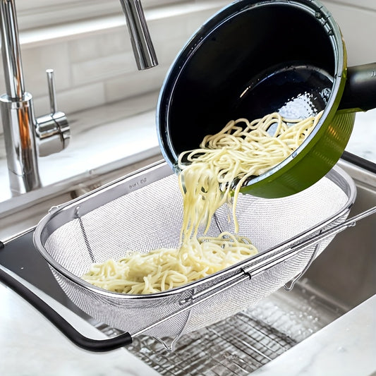 Expandable Stainless Steel Filter with Fine Mesh And Drain Basket - Suitable for Vegetables And Fruits, Kitchen Essentials, Food Safety, Filtered Vegetables