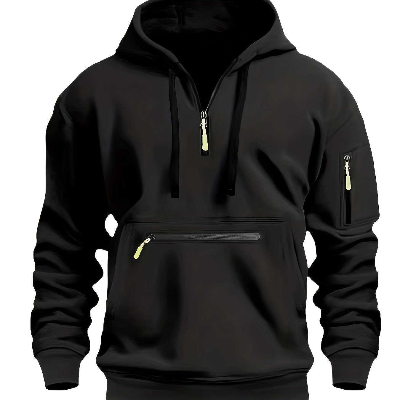 220gsm 100% Polyester Long Sleeve Hoodie - Men's Solid Color Regular Fit Casual Pullover with Zipper Pocket for Fall/Winter