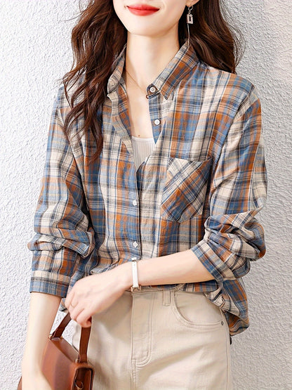 Plaid Pattern Button Front Shirt, Elegant Long Sleeve Lapel Collar Shirt, Women's Clothing