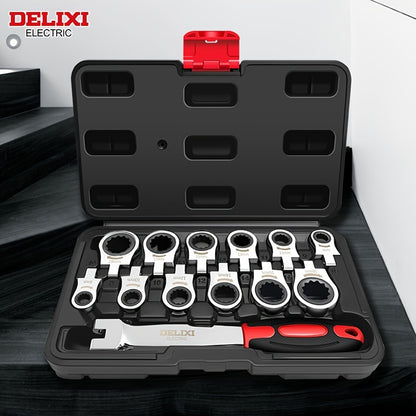 DELIXI ELECTRIC 12-in-1 Interchangeable Ratchet Wrench Set, Mechanical Metal Socket Spanner with Quick Release, Mirror Polished, Non-Slip, High Temperature Quenched, Precision Forged