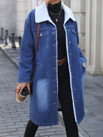 Morin Elegant Mid-Length Denim Jacket with Faux Fur Trim - Women's Winter Loose Fit, Button-Up, Long Sleeve, Flap Pocket Coat, Machine Washable, Cotton/Polyester Blend