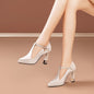 Women's Black Faux Cover Pointed-Toe Pumps with Rhinestone Buckle, High Block Heel Dress Shoes for Spring, Elegant & Stylish Design, Spring Dress Shoes | Sophisticated Style | Polished Synthetic Upper, High Heel Shoes