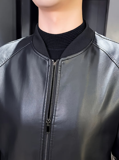 Men's Stylish Black PU Leather Jacket - Casual Baseball Collar, Zip-Up with Pockets, Loose Fit, Machine Washable, Perfect for Casual Attire