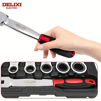 DELIXI ELECTRIC 12-in-1 Interchangeable Ratchet Wrench Set, Mechanical Metal Socket Spanner with Quick Release, Mirror Polished, Non-Slip, High Temperature Quenched, Precision Forged