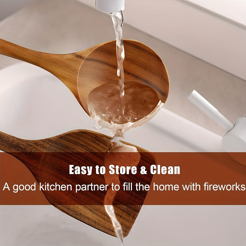 Wooden Spoons for Cooking  Wooden Utensils for Cooking Set with Hold Spoon Rest and Hooks Teak Wood Nonstick Kitchen Cookware  Durable Set of 8pcs