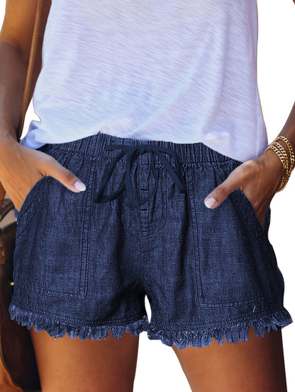 Women'S Casual Fashion Drawstring Elastic Waist Denim Shorts With Frayed Hem, Summer Comfort Fit Jean Shorts