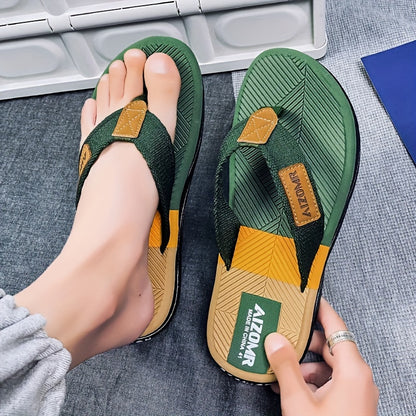 Men's Summer Flip-Flops - Non-Slip, Odor-Resistant Beach Sandals with Arch Support, Green & Yellow Striped Design, Comfortable EVA Upper & Rubber Sole for Everyday and Casual Wear, Leisure Comfort | Casual Style | Durable San