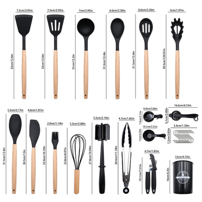 Kitchen Utensils Set- 46 pcs Cooking Utensils with Tongs, Spoon, Meat Chopper, Spatula & Opener Made of Heat-Resistant Food Grade Silicone and Wooden Handles Kitchen Gadgets Tools Set for Nonstick Cookware, With hooks