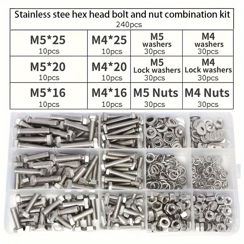 [Customer Favorite] 240pcs Stainless Steel Hex Bolt & Nut Set - Durable, Corrosion-Resistant with M4/M5 Sizes, Washers Included for Versatile Use