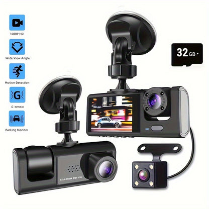 Vavupo 1080P Triple Dash Cam for Cars - Front, Inside & Rear View with IR Night Vision, Loop Recording, Wide Angle Lens, and 5.08cm IPS Display