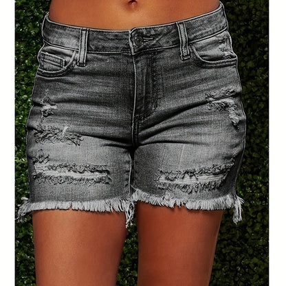 Women's retro washed ripped shorts- comfortable fit, faux gray with frayed edges and worn-out details, casual summer style, polyester blend, washable, shorts