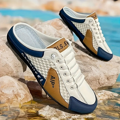 Men'S One Foot Casual Slippers - Breathable PU Upper, Cushioned EVA Insole And Durable PVC Sole, White And Navy Blue With Golden Accents, All Season Indoor/outdoor Shoes Suitable For Daily Wear And Vacation, Fashionable Shoes