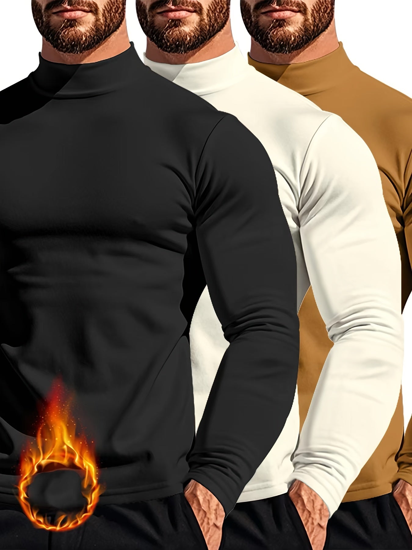 Men's 3pcs Set: Cozy Turtleneck Sweatshirts - Long Sleeve, Casual Pullover for Fall/Winter, Polyester Blend