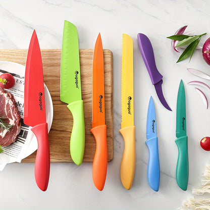 Kitchen Knife Set Dishwasher Safe, Sharp Stainless Steel Knife Set, Kitchen Knives Sets Professional with Sheaths 14pcs Rainbow, 7 Knives with 7 Blade Guards Non Stick