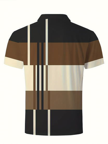 2024 Men'S Casual Geometric Print Knit Polo-Style Shirt with Lapel Collar and Slight Stretch - 100% Polyester Material - Regular Fit