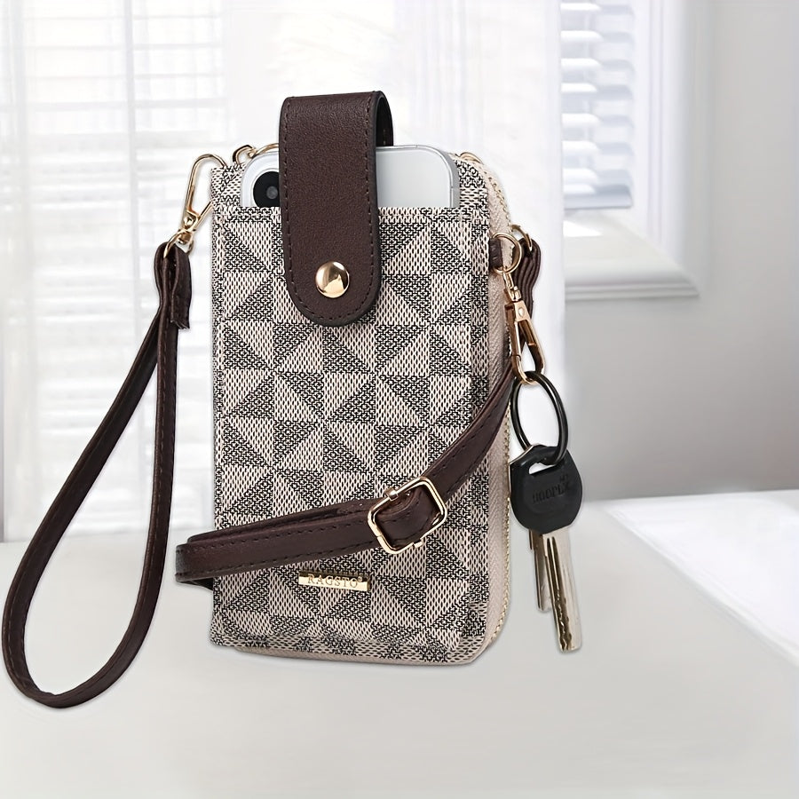 RAGSTO Women's Compact Crossbody Phone Wallet - Chic Mini Shoulder Bag with Adjustable Strap, Multiple Credit Card Slots & Zipper Closure, Black & Brown Geometric Pattern, Perfect Valentine's Day Gift for Her, Casual Crossbod