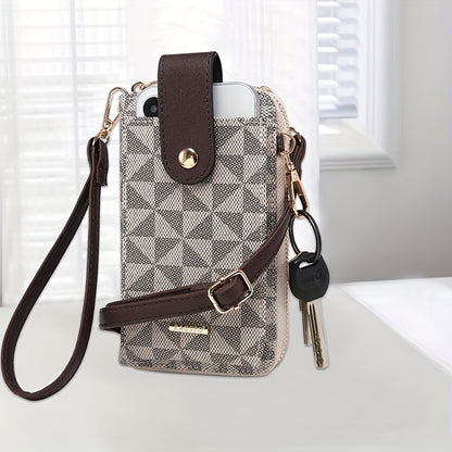 RAGSTO Women's Compact Crossbody Phone Wallet - Chic Mini Shoulder Bag with Adjustable Strap, Multiple Credit Card Slots & Zipper Closure, Black & Brown Geometric Pattern, Perfect Valentine's Day Gift for Her, Casual Crossbod