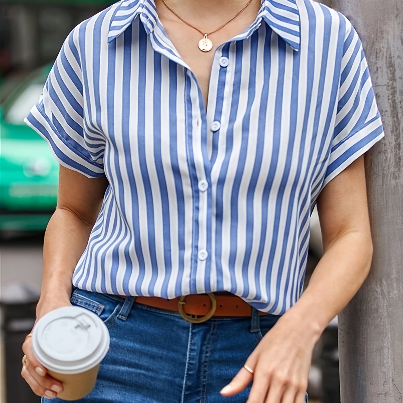Chic Striped Button-Up Shirt - Breathable Short Sleeve Design for Trendy Summer Style, Women’s Fashion Wear