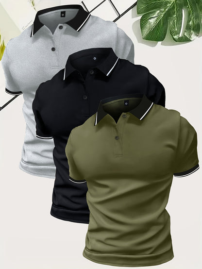3Pcs Breathable Men's Golf Shirt, Regular Fit V-Neck Short Sleeve Casual T-Shirt for Summer