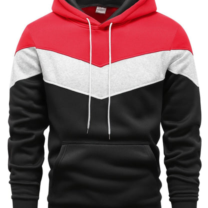 Mens Color Block Hooded Pullover Hoodie - Soft Slight Stretch Polyester Fabric, Long Sleeve, Regular Fit, Contrast Collar, Kangaroo Pocket, Hand Wash Only - Perfect Winter and Fall Streetwear Gift for Him