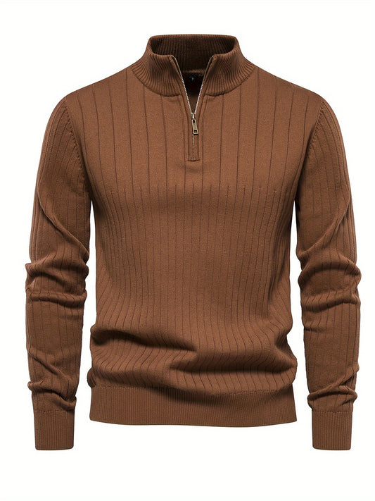 Men's Navy Blue Half-Zip Stand Collar Sweatshirt - Stretch Blend, Ribbed Texture, Long Sleeve - Ideal for Fishing & Walking in Fall/Winter