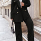 Plus Size Elegant Solid Suit Set, Double-breasted Long Sleeve Blazer & Straight Leg Pants Outfits, Women's Plus Size Clothing