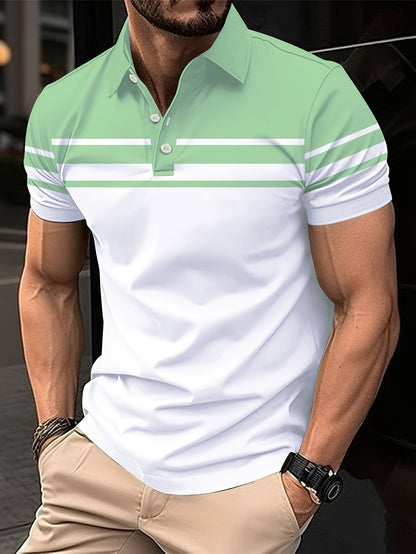 Men's Stripes Color Blocking Print Summer Short Sleeve Lapel T-shirt, Casual Comfy Sports Top As Gift