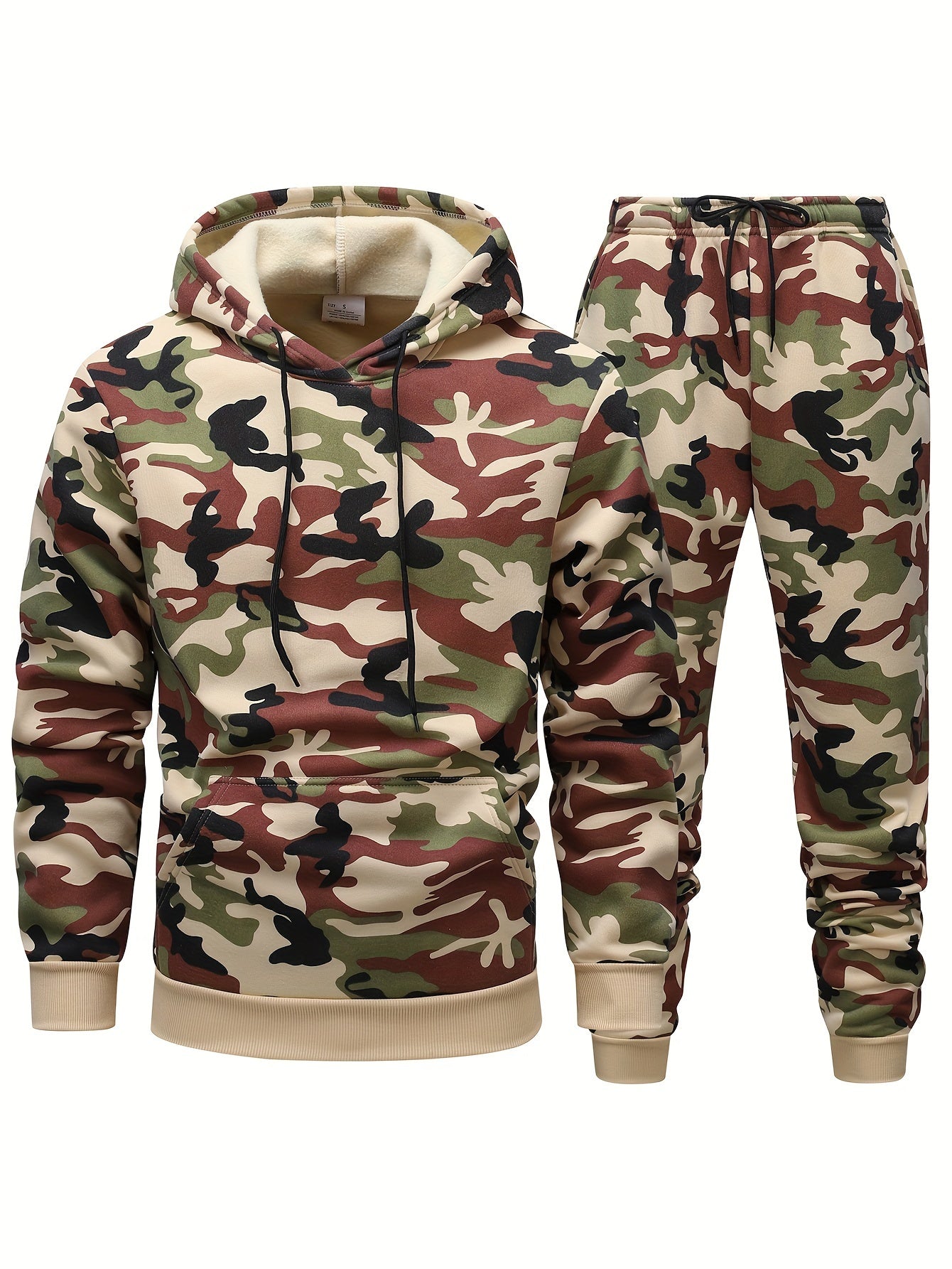 Men'S Camo Hooded Sweatshirt and Pants Set, Casual Outdoor Polyester 100% Full Body Suit, Long Sleeve Pullovers with Drawstring, Regular Fit, 3D Printing, Knit Fabric, Slight Stretch, for Hiking, Camping, Hunting, Running, Tr