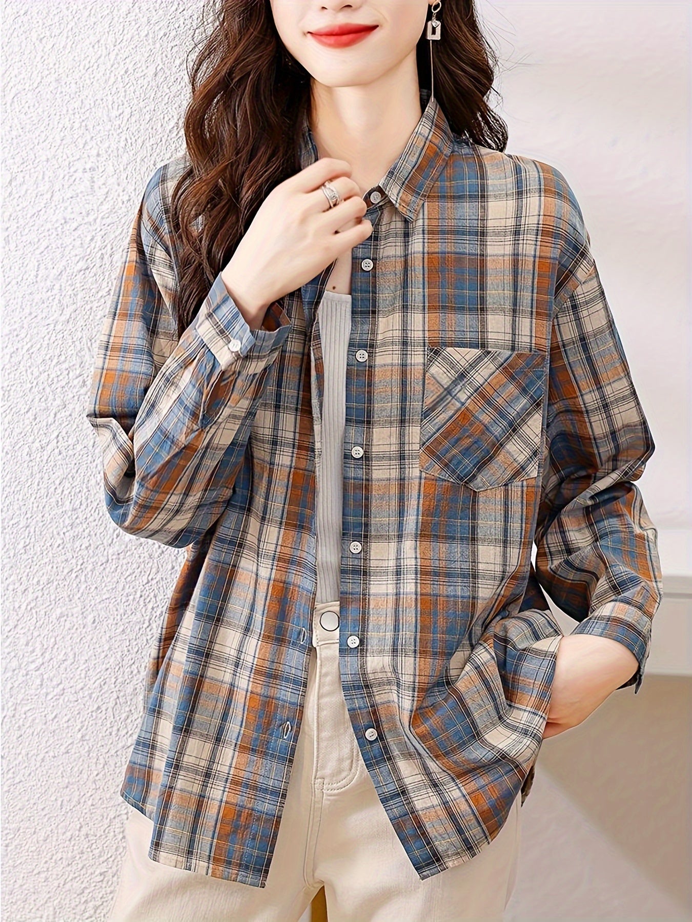 Plaid Pattern Button Front Shirt, Elegant Long Sleeve Lapel Collar Shirt, Women's Clothing