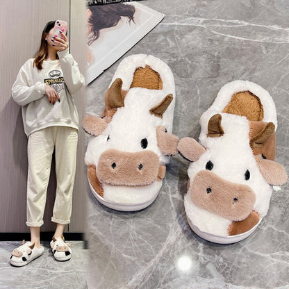 Fuzzy Cute Cow Slippers For Women Winter Warm Cozy Animal Fluffy Kawaii House Slippers Cute Slippers