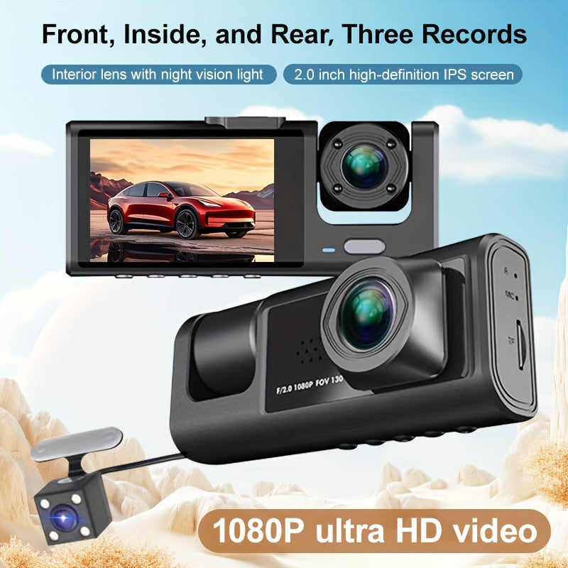 Vavupo 1080P Triple Dash Cam for Cars - Front, Inside & Rear View with IR Night Vision, Loop Recording, Wide Angle Lens, and 5.08cm IPS Display