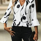 Elegant Geometric-Pattern V-Neck Blouse, 100% Polyester Ruffle Sleeve Shirt with Tight Hem, Regular Fit Pullover for Spring/Summer/Fall - Woven Adult Shirting